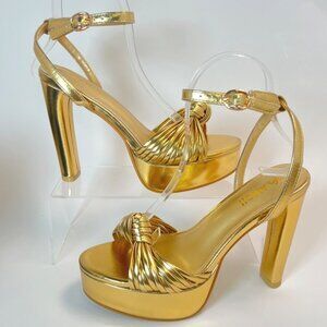 Gold Block Heels Platforms Braid Knot Ankle Strap Sandals Size 36 US 5.5